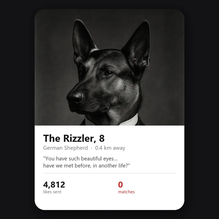 A dating profile card for The Rizzler: 4,812 likes sent, 0 matches